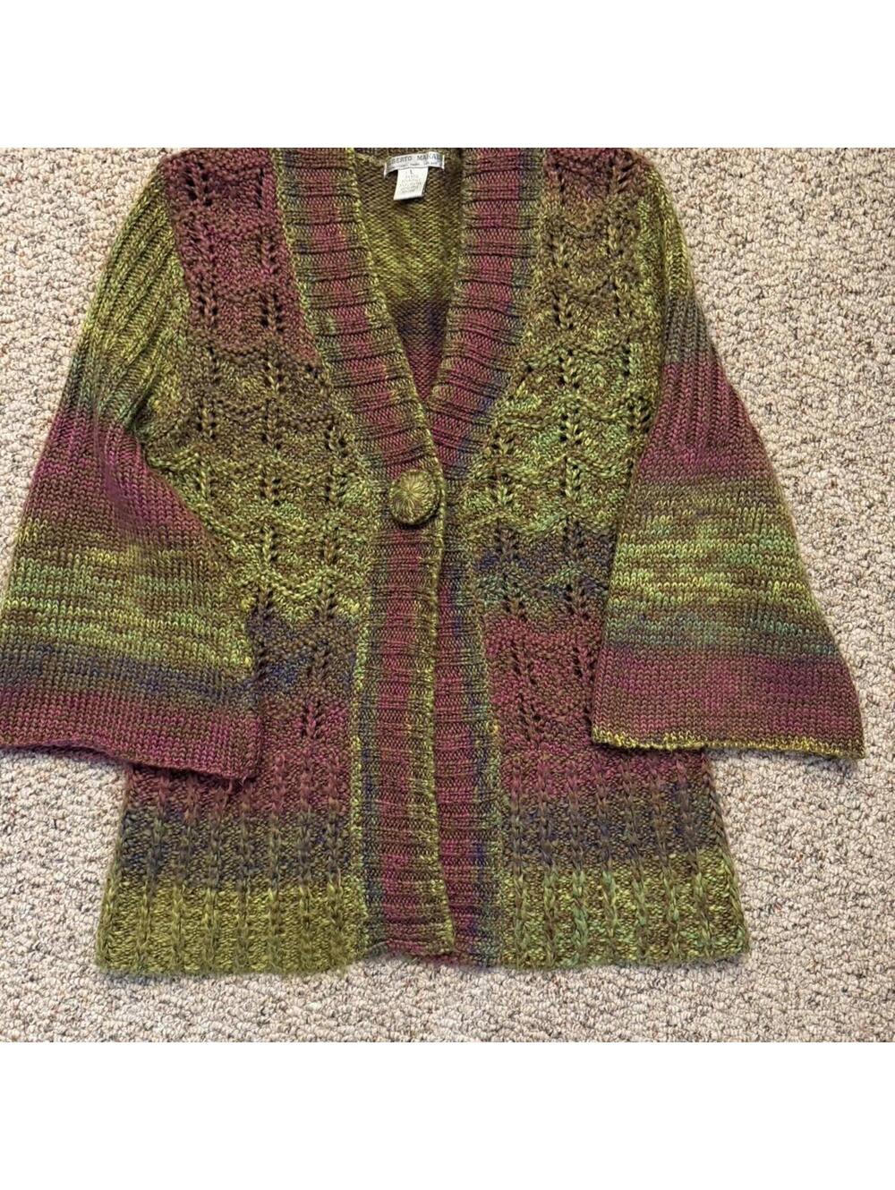 Alberto Makari vintage lime/burgandy knit 3/4 sleeve cardigan sweater